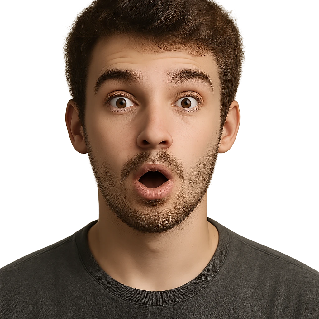 19-year-old boy with light beard and lightly grown mustache, surprised expression, portrait, detailed, realistic emoji