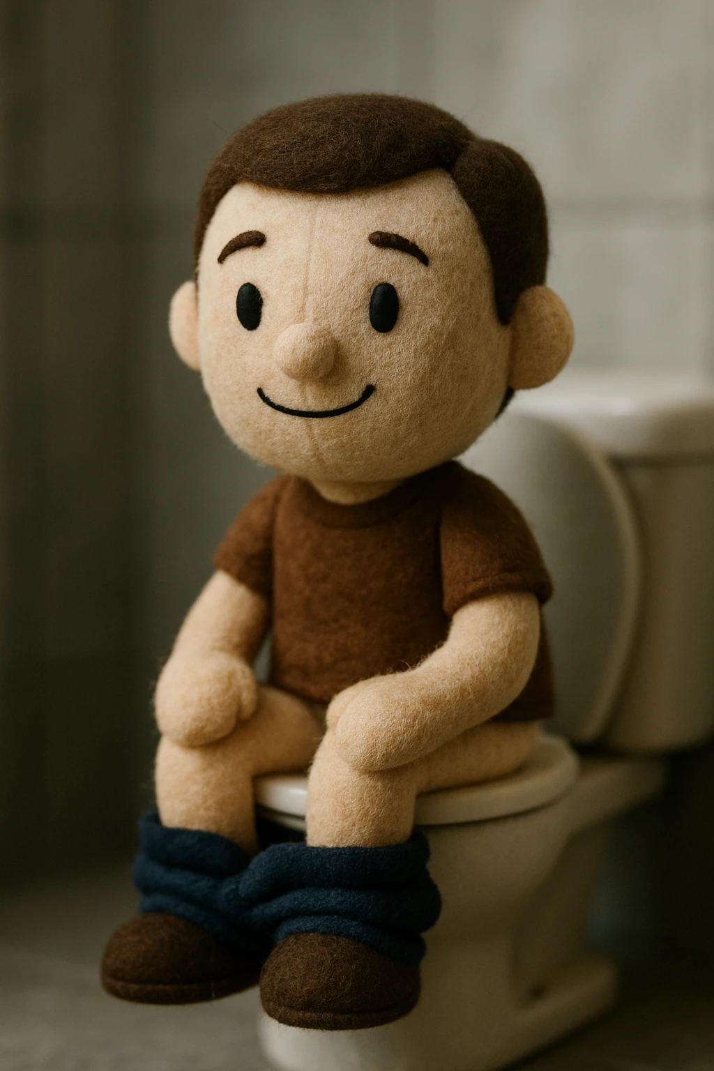 man pooping on toilet, plush toy look, plush portrait style emoji
