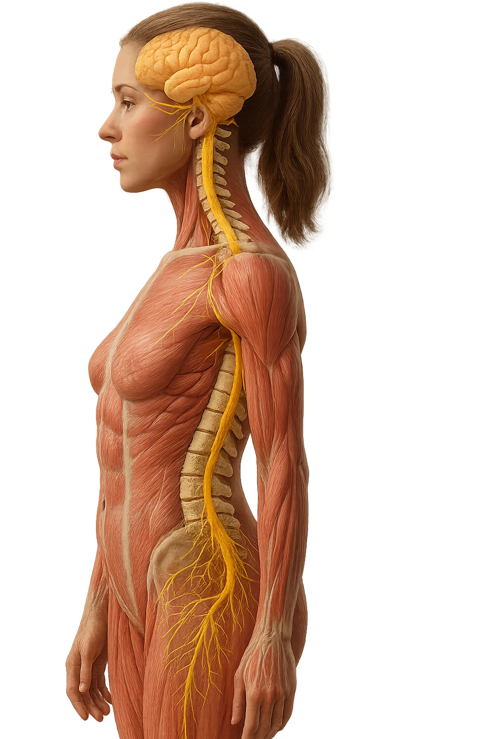 fai un immagine identica che riguarda un esercizio ma mettigli spina dorsale e muscoli in evidenza (anatomica) con colori naturali di un corpo umano (non blu), il nervo giallo si deve vedere molto bene. falla iperrealistica anatomica in 4k con spina dorsale storta in evidenza emoji
