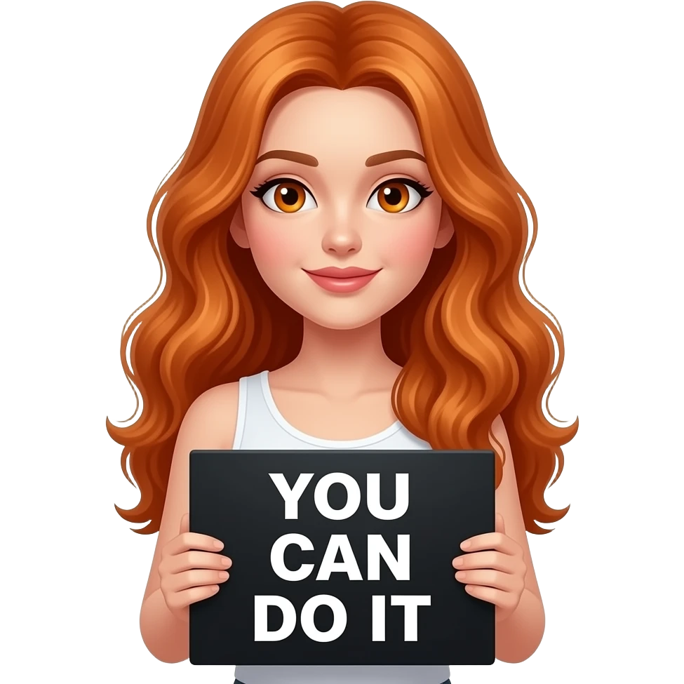 sexy girl with long wavy ginger hair and ginger eyes wearing a white tanktop is holding a black colored sign with YOU CAN DO IT written on it emoji