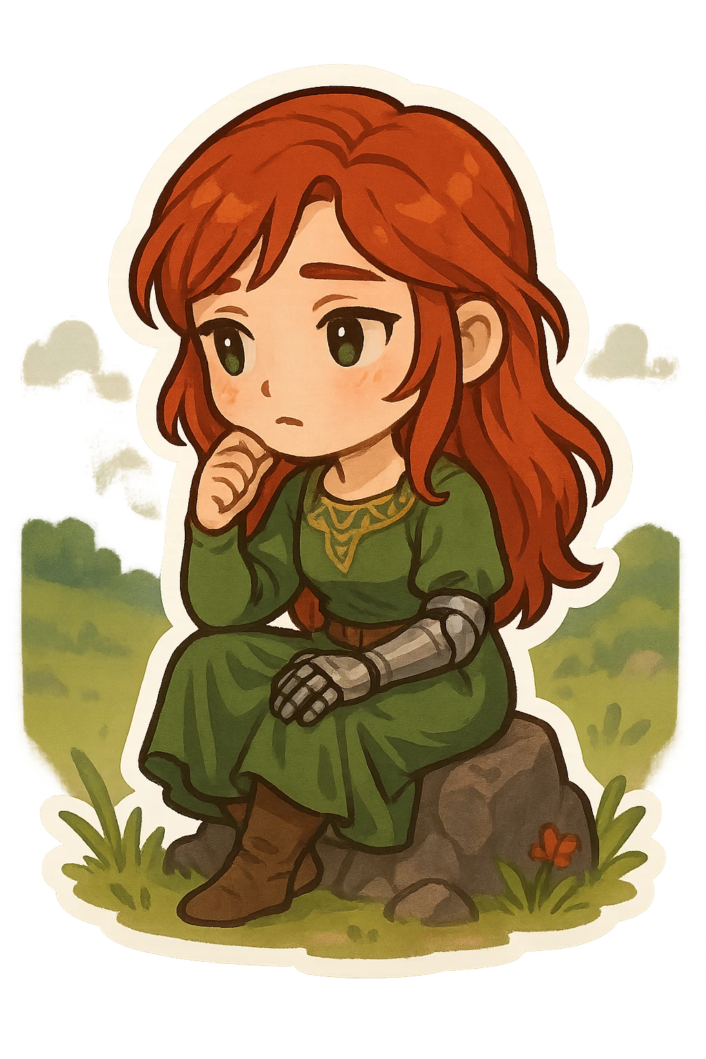 Millicent, chibi style, red hair, green dress, prosthetic arm visible, sitting on a rock, looking thoughtful, fantasy setting emoji