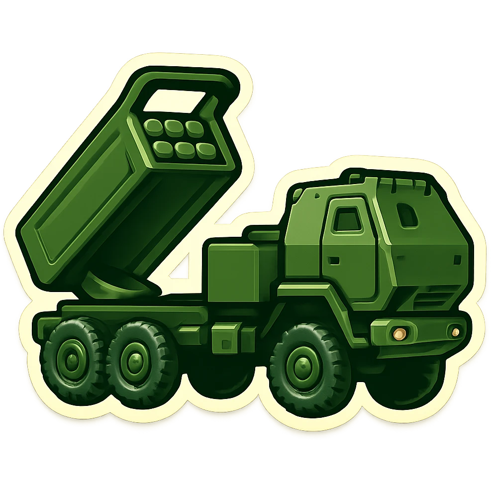 Create an emoji of HIMARS based on the provided photo. Style: emoji, side view, six rocket tubes, cabin, raised launcher, military green color, no background, maximally simplified version. emoji