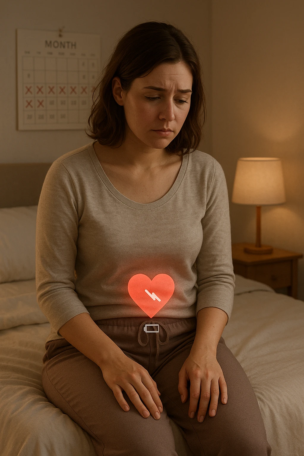 3D realistic medical illustration: a young woman in her 20s or 30s sits on the edge of a bed in a softly lit bedroom, looking thoughtful and slightly concerned. She wears comfortable loungewear, her posture is slouched, and her expression is subdued. Subtle visual cues—such as a faded calendar with missed menstrual cycles and a dimmed heart or energy icon near her abdomen—symbolize low libido and amenorrhea. The scene is realistic, intimate, and empathetic. emoji