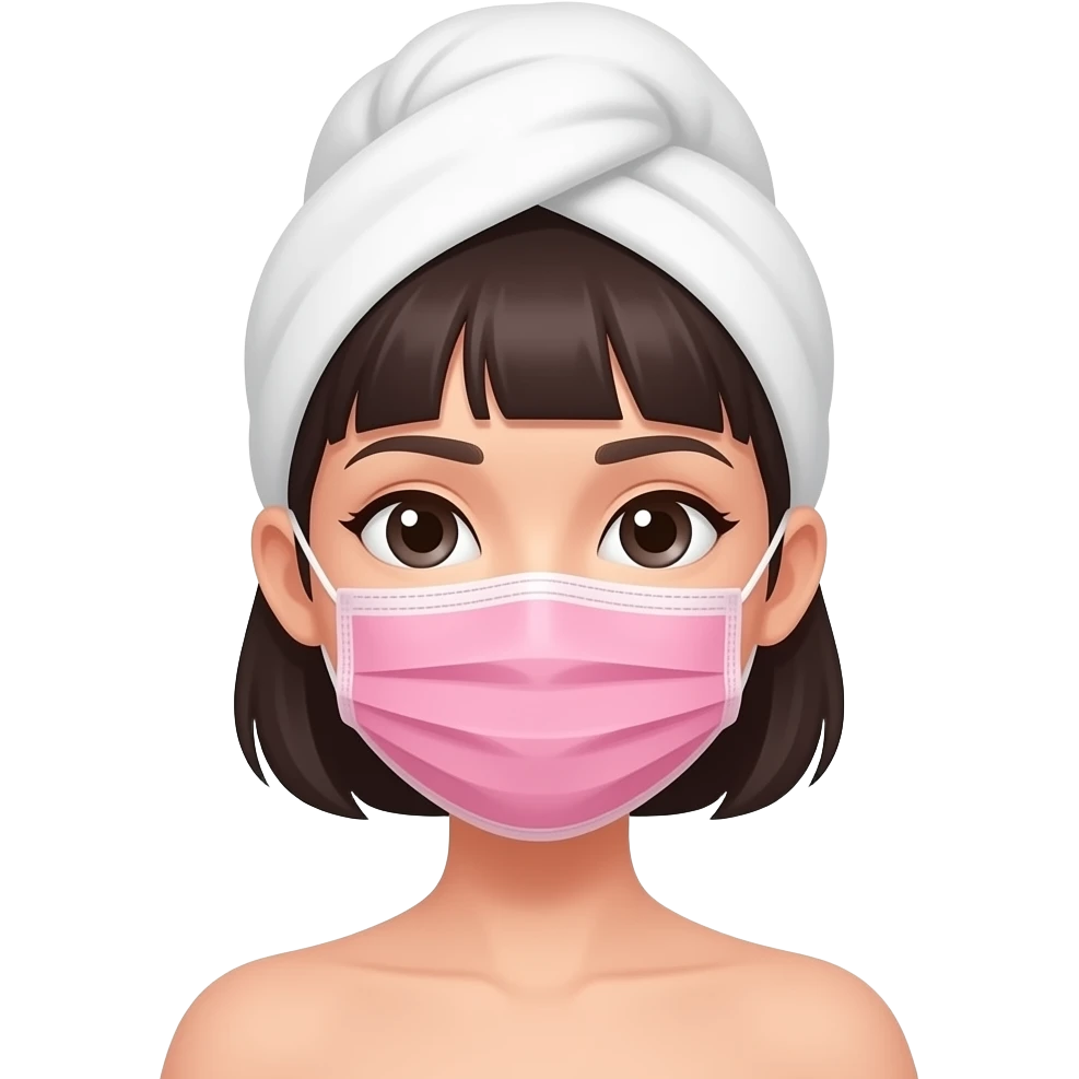 chica con toalla en la cabeza, de cabello oscuro y corto, con una mascarilla rosa en toda la cara de skin care emoji