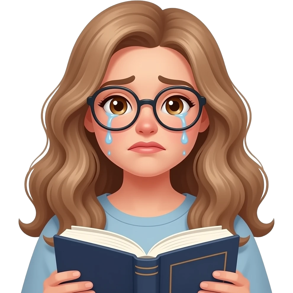 detailed emoji illustration of a curvy woman with long light brown wavy hair, light brown eyes and round glasses reading a book with tears in her eyes, emotional reading moment, cute emoji style emoji