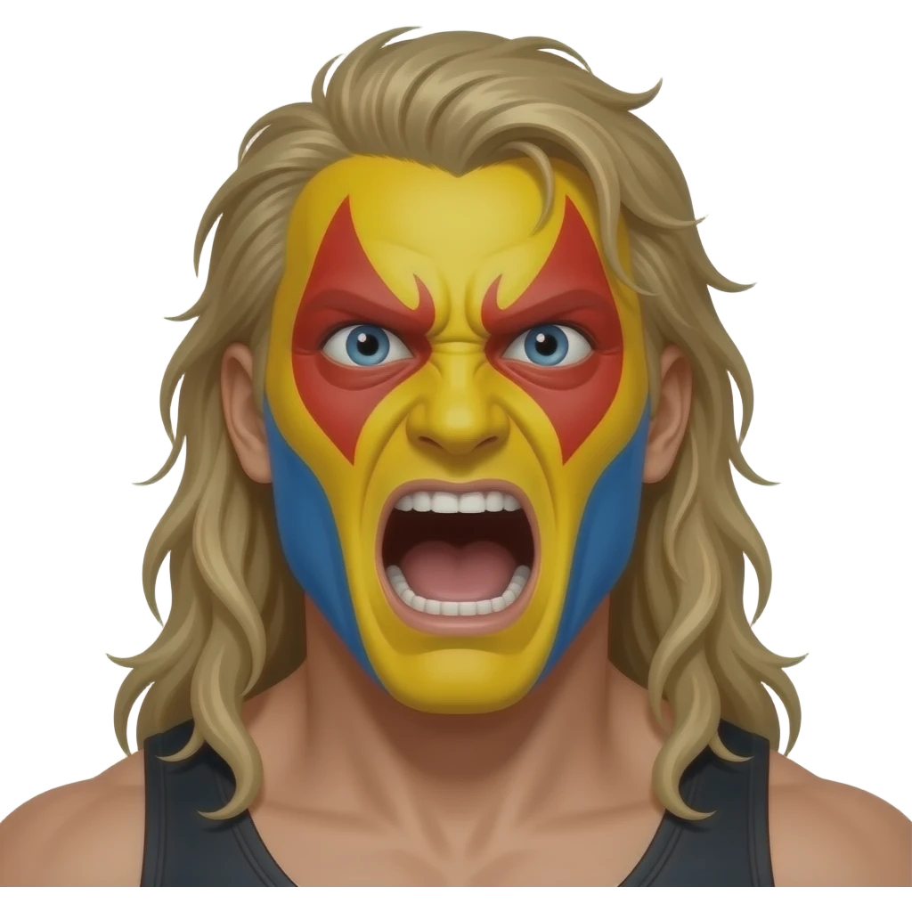 ultimate warrior wrestler with yellow red and blue warrior face paint, long dirty blonde hair and screaming emoji