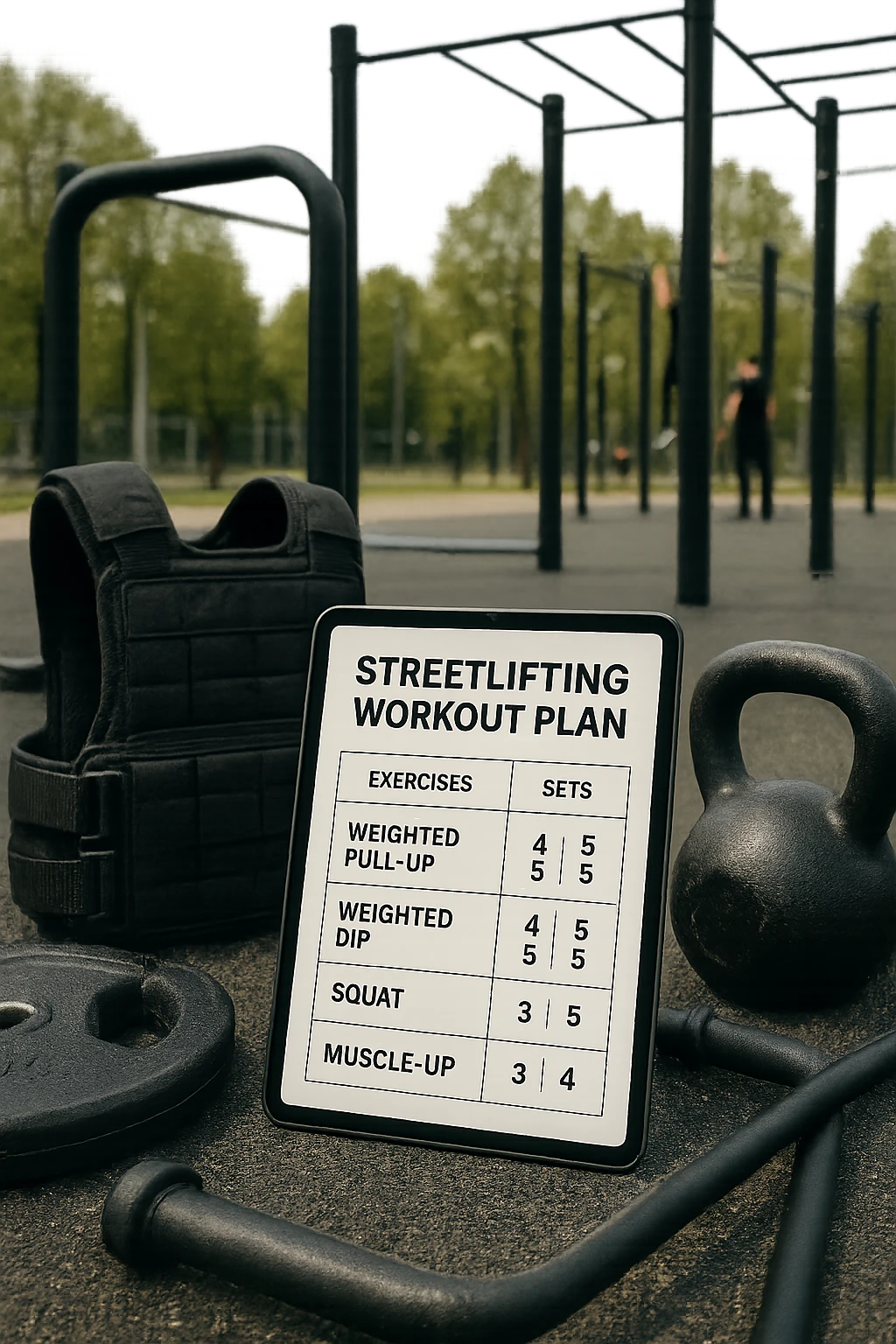 a detailed workout plan for streetlifting displayed on a clipboard or digital tablet, surrounded by gym equipment like weighted vests, dip bars, pull-up bars, and kettlebells. The plan includes exercises such as weighted pull-ups, weighted dips, squats, and muscle-ups, with sets and reps clearly visible. The background is a modern outdoor calisthenics park, with athletes training in the distance. emoji