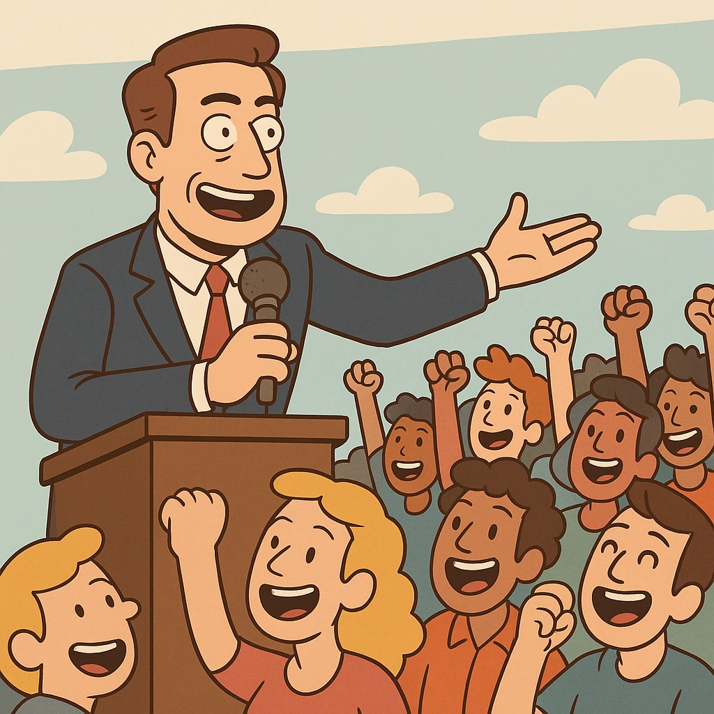 Le président parle à la foule, style cartoon, micro, public enthousiaste, couleurs vives emoji