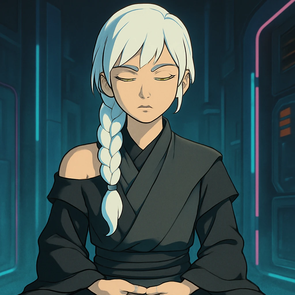 a closeup portrait of young woman with gold yellow eyes, white hair, long braid, black off-shoulder top, punk gothic style, futuristic cyberwave cyberpunk,  jedi attire, kneeling and gathering chi, jedi meditate, eyes closed hands at full rest emoji