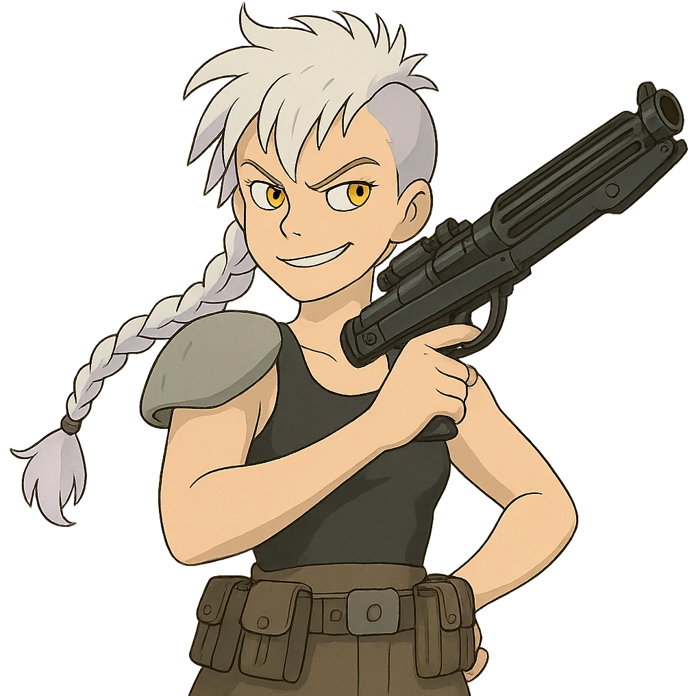 1 FEMALE, GOLD YELLOW EYES, WHITE HAIR LAVENDER TIPS, MESSY LOCKS BANGS MOHAWK, LONG BRAID, small black sports tank top, a single large light gray shoulder pad, tactical belt with many pouches, HOLDING A STORMTROOPER'S E11 BLASTER RIFLE, BRANDISHING, mischevious GLARE, style of star wars original character emoji