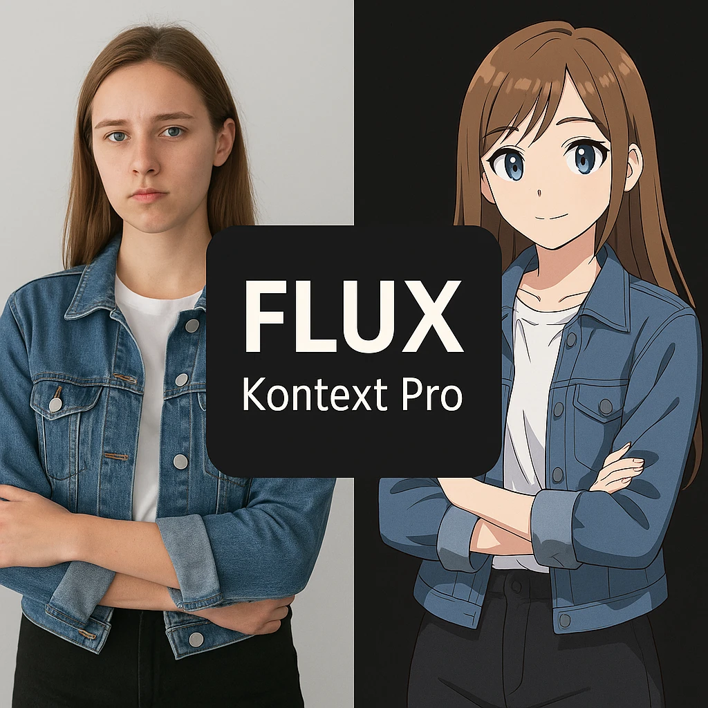 create before after image of a girl before is realsitic photo, after is anime version of her in same pose and clothes, add logo with text of a "FLUX Kontext Pro" in middle in big, black background emoji