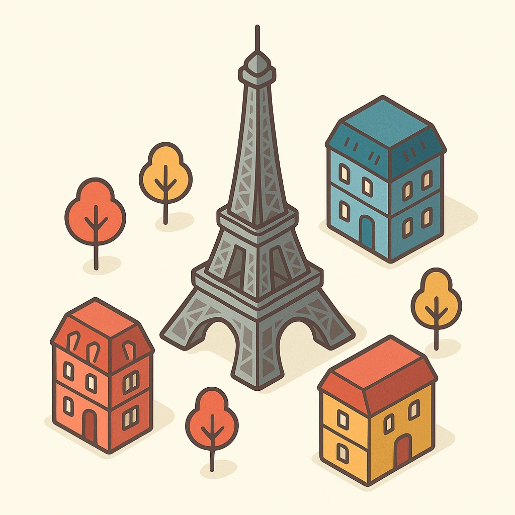 Isometric illustration of Paris, featuring the photorealistic Eiffel Tower surrounded by small Parisian buildings and trees, highly detailed in semi-realistic style emoji