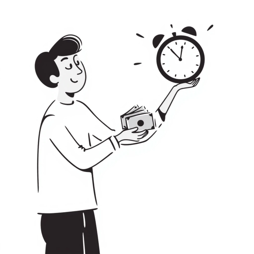 A man with short brown hair holding an alarm clock and money emoji
