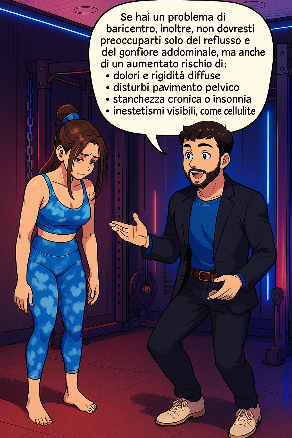 TRASFORMA QUESTO CAROSELLO IN UN FUMETTO STILE WEBTOON/MANGA A COLORI CON QUESTE DUE PERSONE IDENTICHE CHE INTERLOQUISCONO TRA LORO, L'uomo sta spiegando alla donna questo concetto:

Se hai un problema di baricentro, inoltre, non dovresti preoccuparti solo del reflusso e del gonfiore addominale, ma anche di un aumentato rischio di:
    • dolori e rigidità diffuse
    • disturbi pavimento pelvico
    • stanchezza cronica o insonnia
    • inestetismi visibili, come celluluite
    • etc… emoji