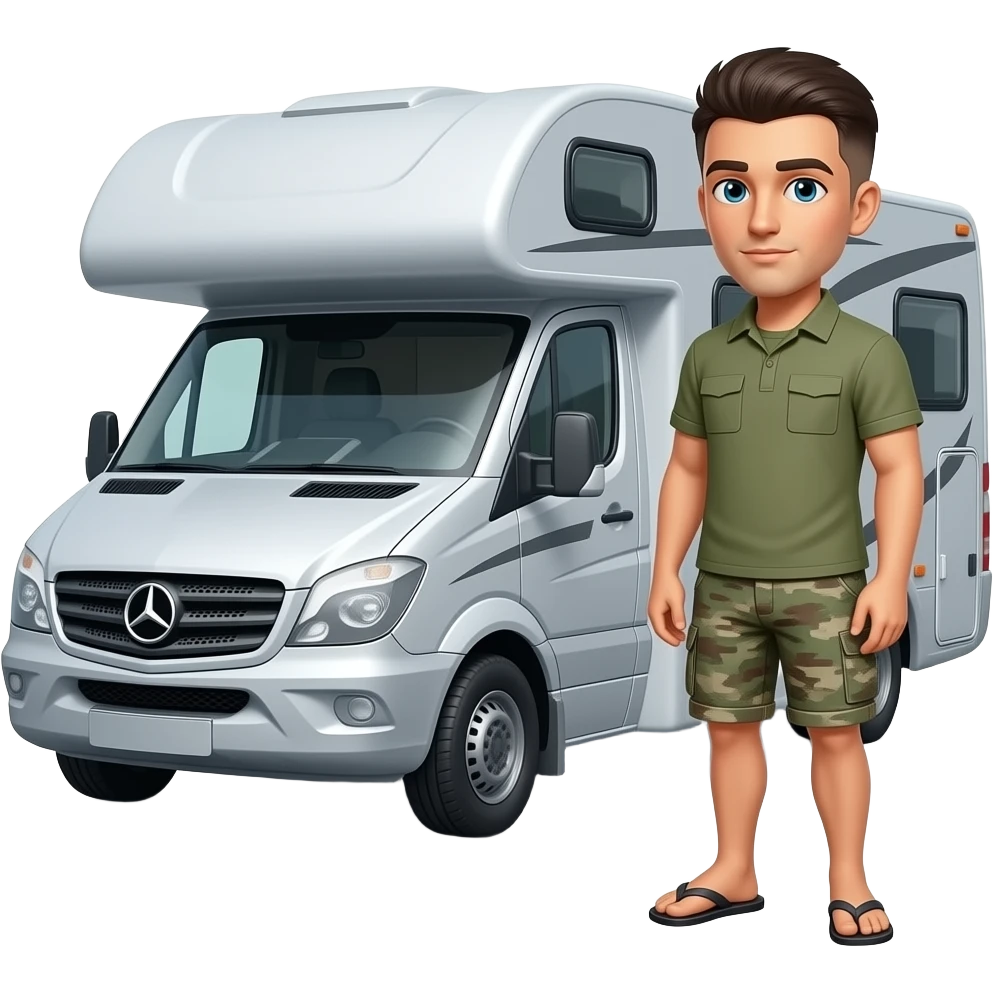 Slim military cut dark haired man in shorts and flip flops standing next to a grey Mercedes road style rv emoji