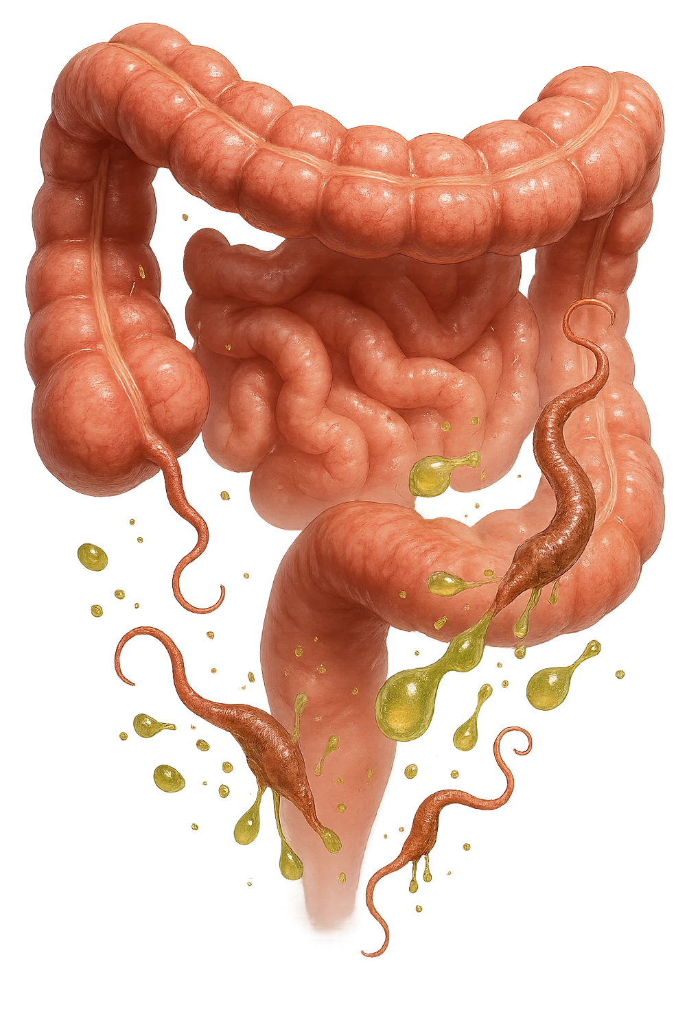 Realistic medical image of microscopic parasites leaving the intestines after taking natural kinesiological drops, symbolizing detox and cleansing. emoji