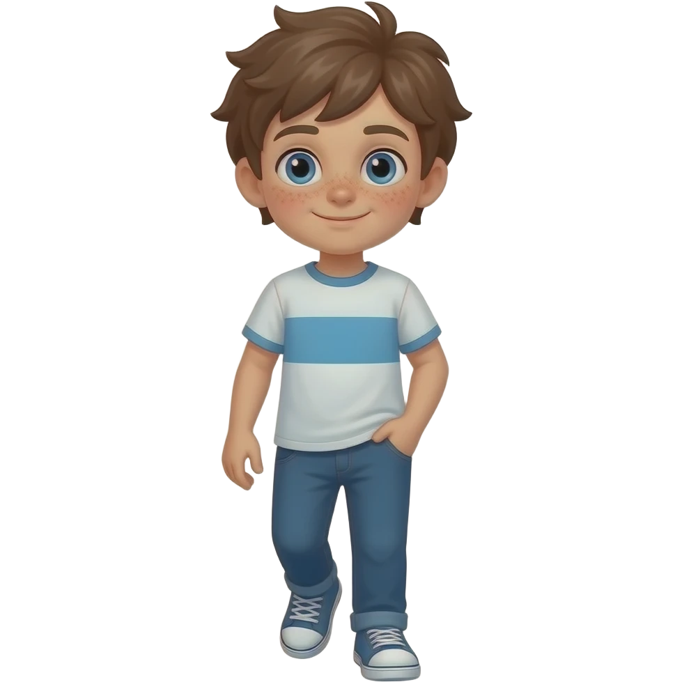 Hazme un chico con pelo rebelde castaño, ojos azules y unas pecas. Tiene que estar caminando. Y que este cachas. Que tenga camiseta. Que se vea el cuerpo entero y tenga unos doce años emoji