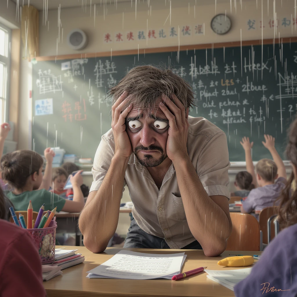 digital cartoon art of a exhausted teacher in a bustling classroom emoji