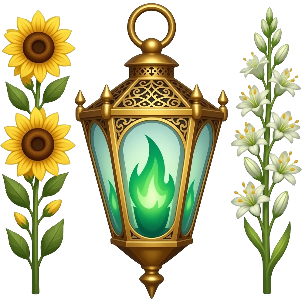 A golden hanging lantern with a bright emerald green flames, an empty loop on top, fae filigree themed sunflowers on the left and asphodels on the right as part of the design, but simple focus more on the green flames, paint the glass more green, have its bottom point come to some sort of point emoji