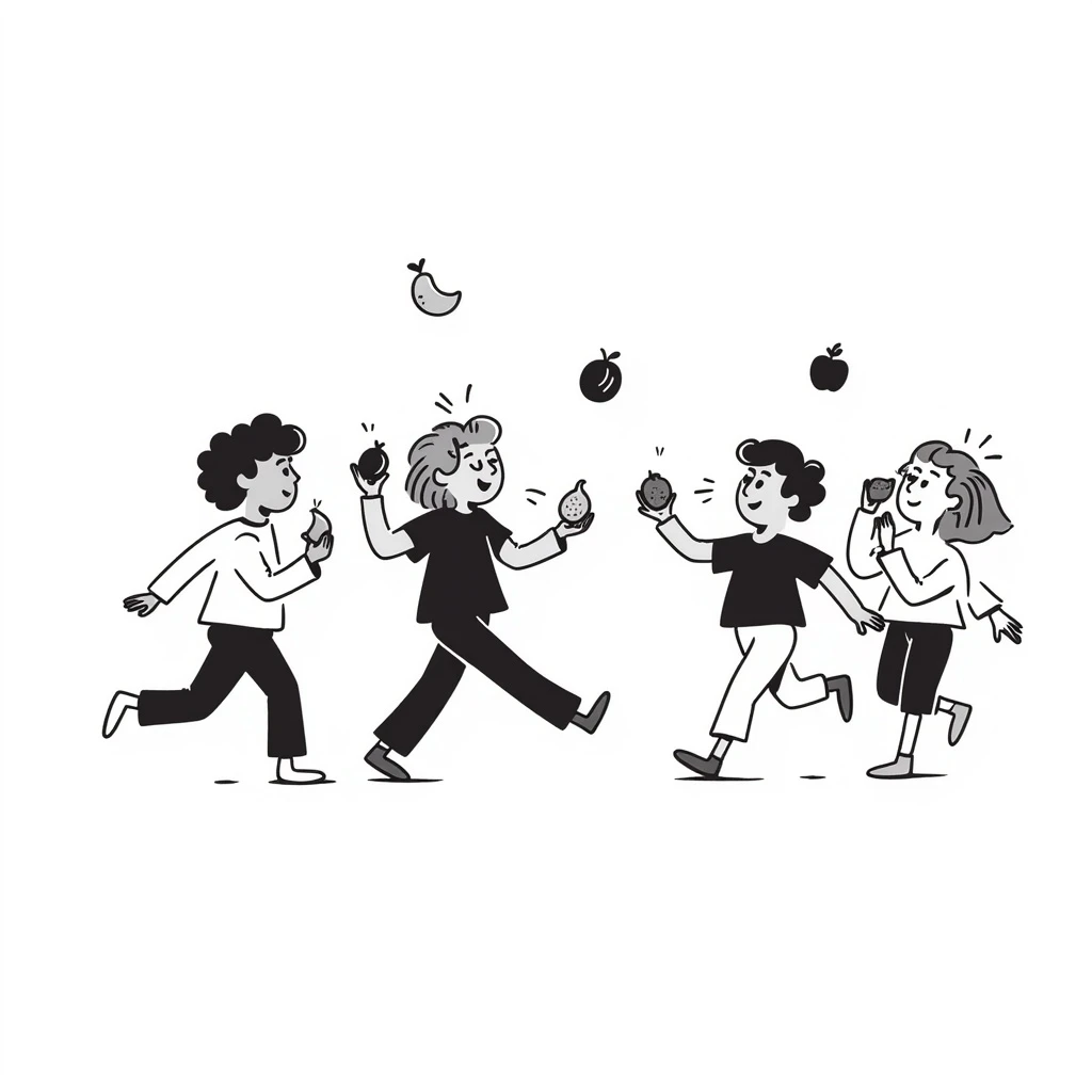 healthy boys and girls running around playing with some eating fruit Make one of the children asian or black emoji
