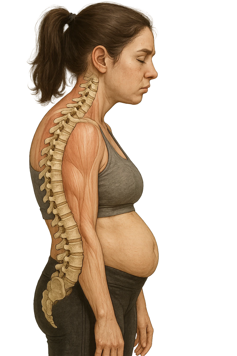 DONNA GIOVANE FITNESS DI PROFILO CON LA POSTURA SBAGLIATA, SPINA DORSALE UMANA ANATOMICA REALISTICA IN EVIDENZA, LA PANCIA IN FUORI E LE SPALLE CHIUSE emoji