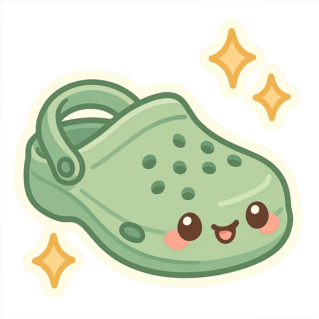 chibi sticker-style croc shoe with sparkles, cute and exaggerated emoji