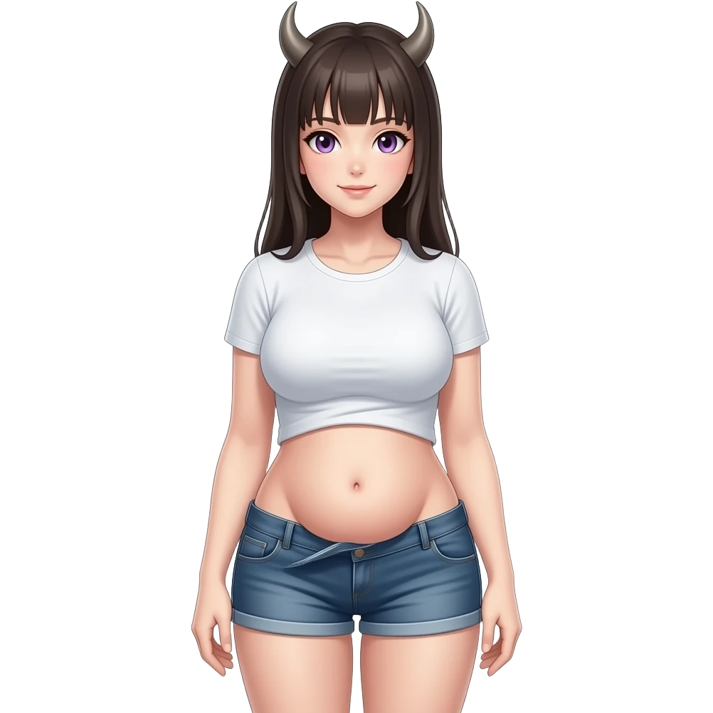 Футанари девушка в полный рост с большой грудью в шортах и футболку с большим бугорком в районе паха emoji