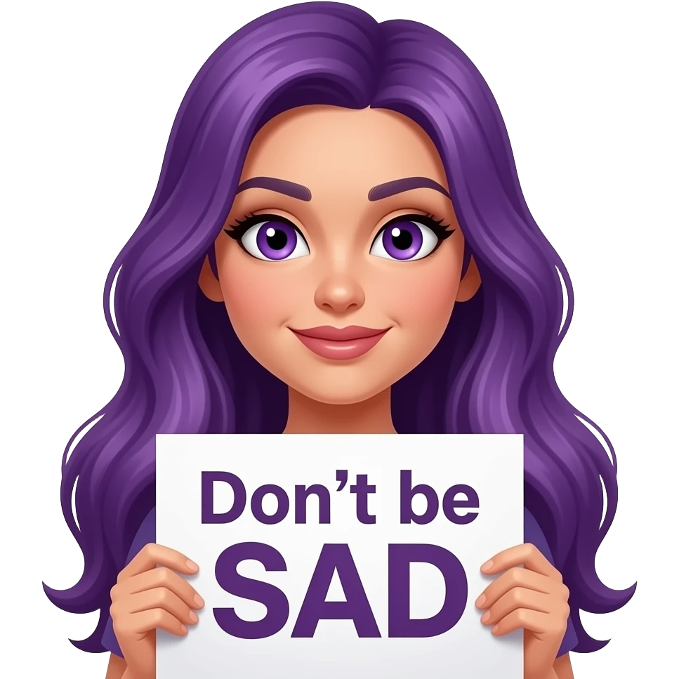 sexy girl with long purple hair and purple eyes holding Don't be SAD sign emoji