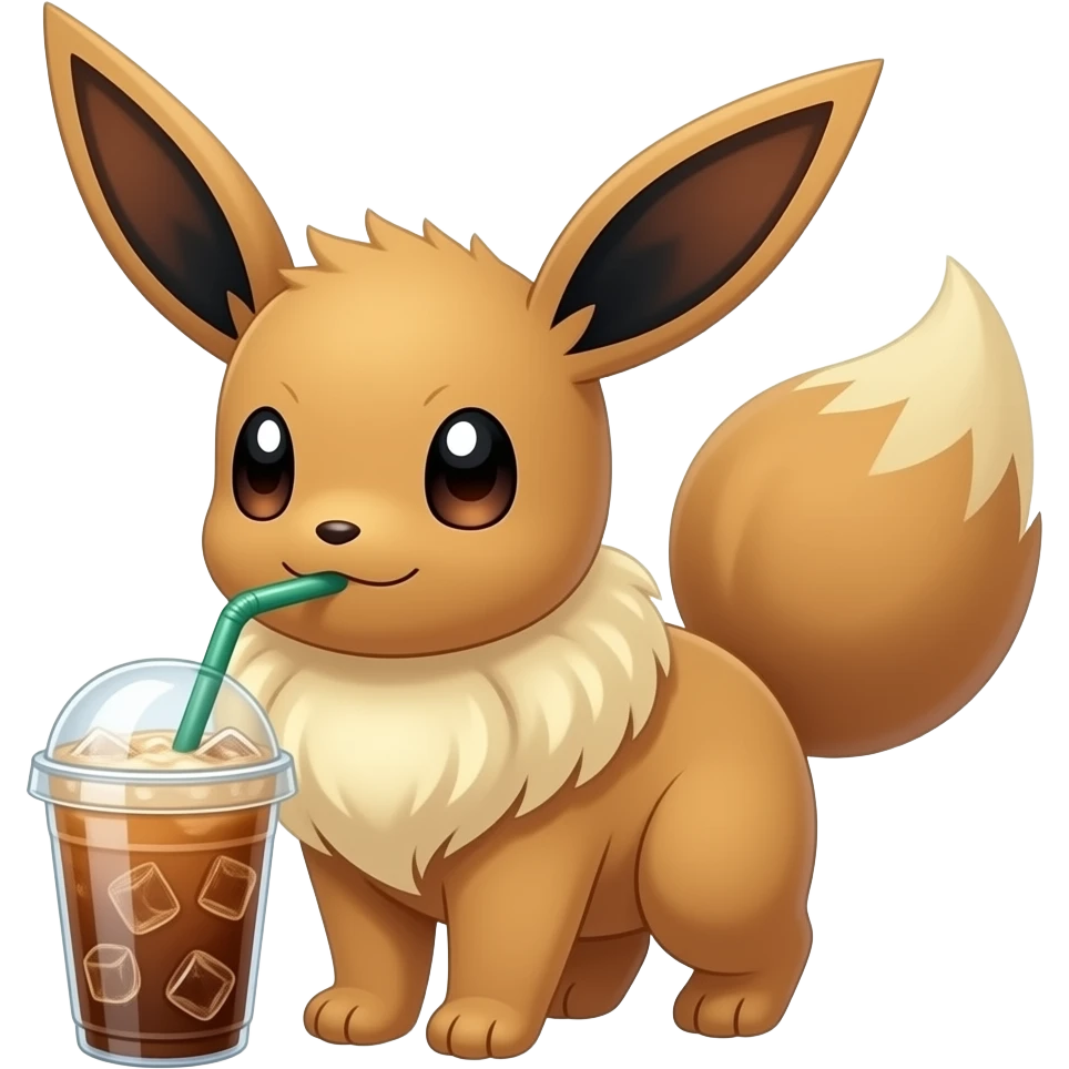 Pokémon Evee drinking an iced latte And holding it emoji
