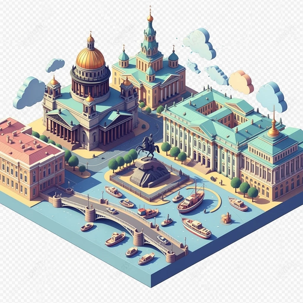 Isometric illustration of Saint Petersburg with the Saint Isaac’s Cathedral, the photorealistic Winter Palace, and the Bronze Horseman statue, toy boats and bridges, in pastel miniature diorama style, transparent background emoji