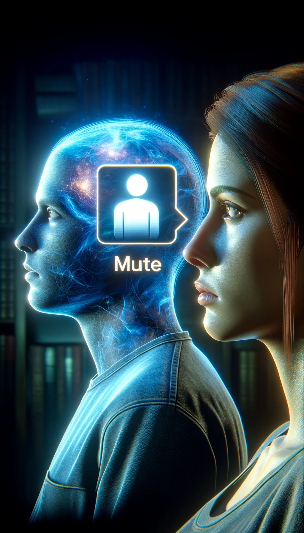 una persona parla ma sopra di lui c'è il simbolo "muto", un altra persona lo ascolta, immagine iperrealistica 4k emoji