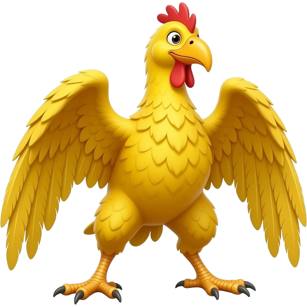 A yellow chocobo stands on two powerful, muscular legs that end in three-toed talons built for high-speed sprinting. Its body is covered in bright yellow feathers, featuring large wings that help with balance while its long, flexible neck supports a head with a prominent, curved beak. emoji
