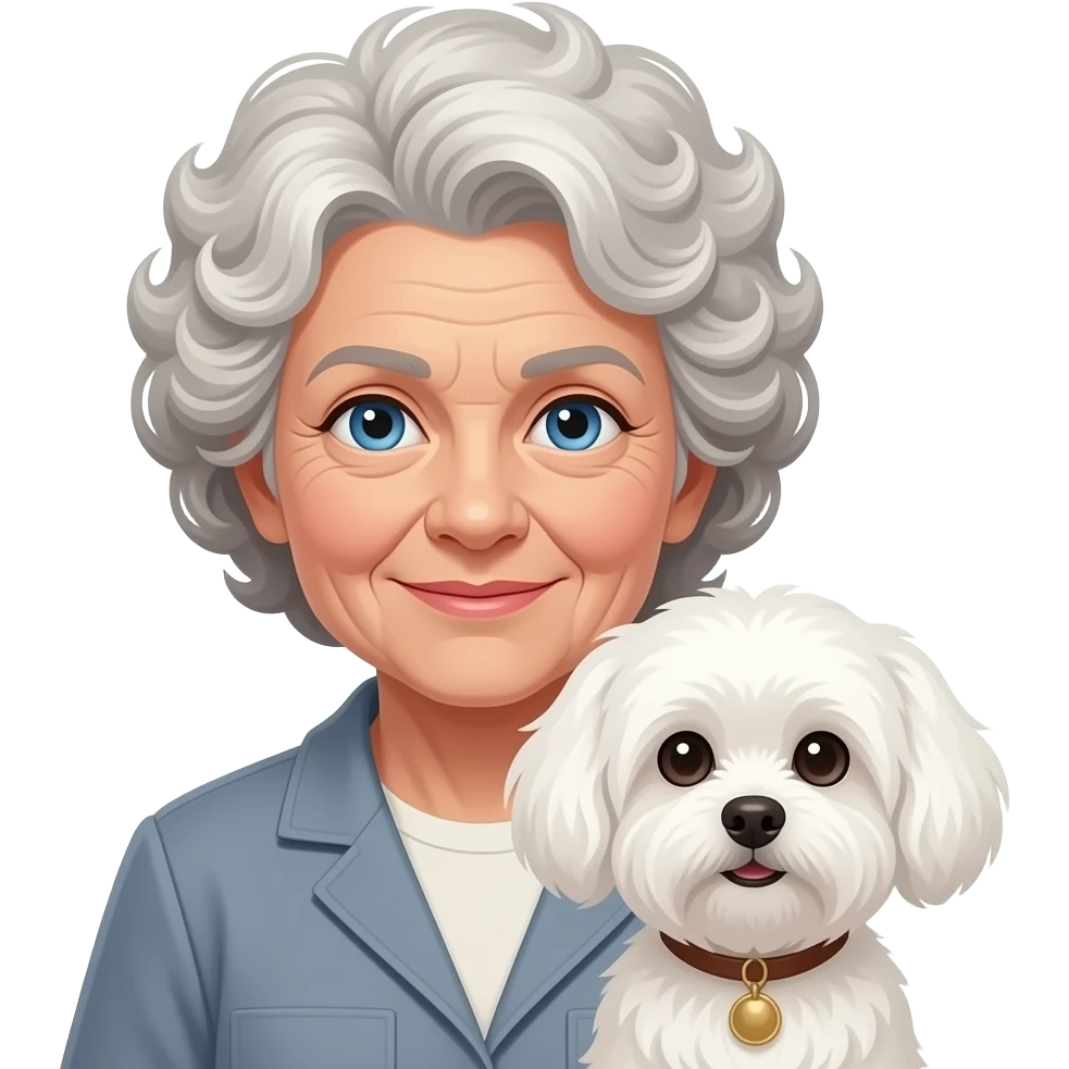 Elder woman curly hair blue eyes standig with a white Maltese dog emoji