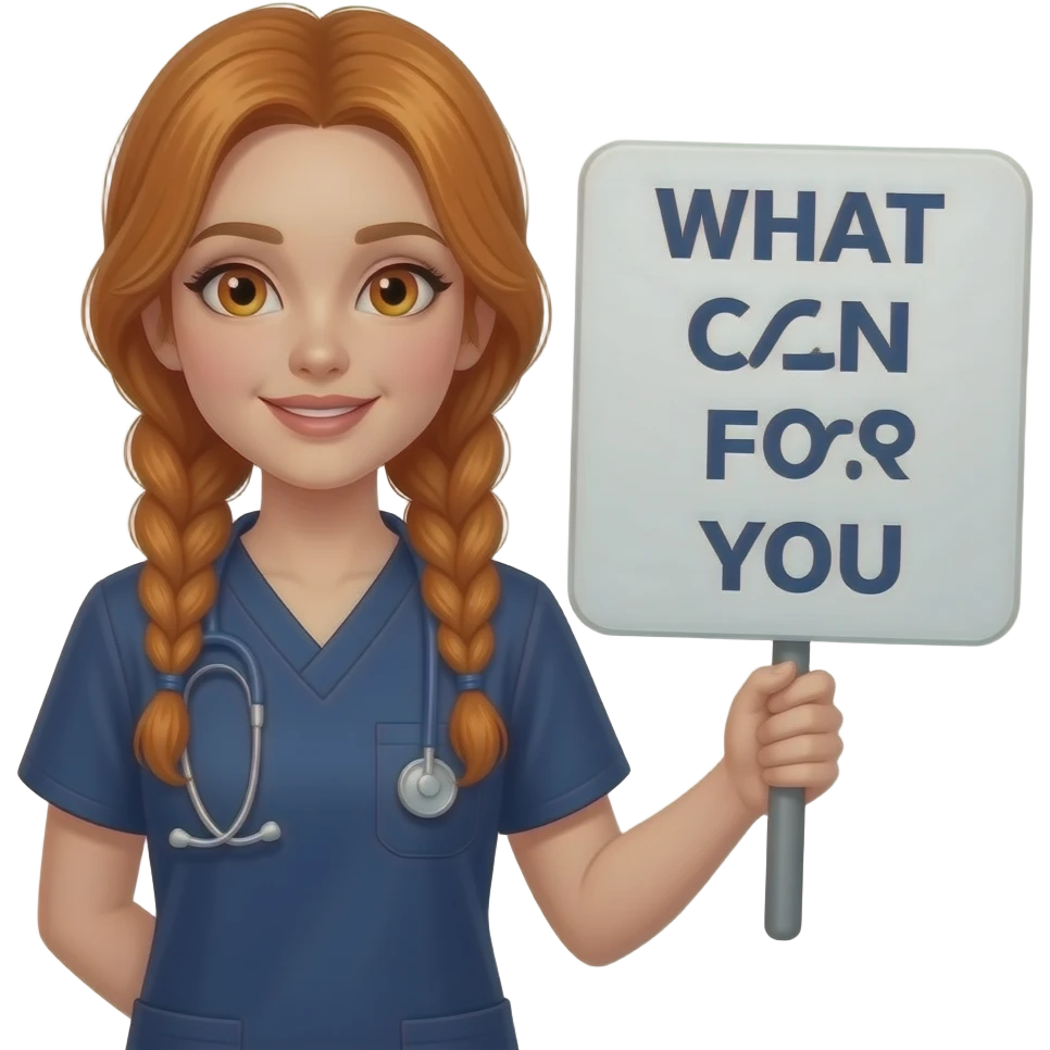 sexy girl with long ginger braids and ginger eyes wearing a dark blue scrubs is holding a sign with WHAT CAN I DO FOR YOU written on it emoji