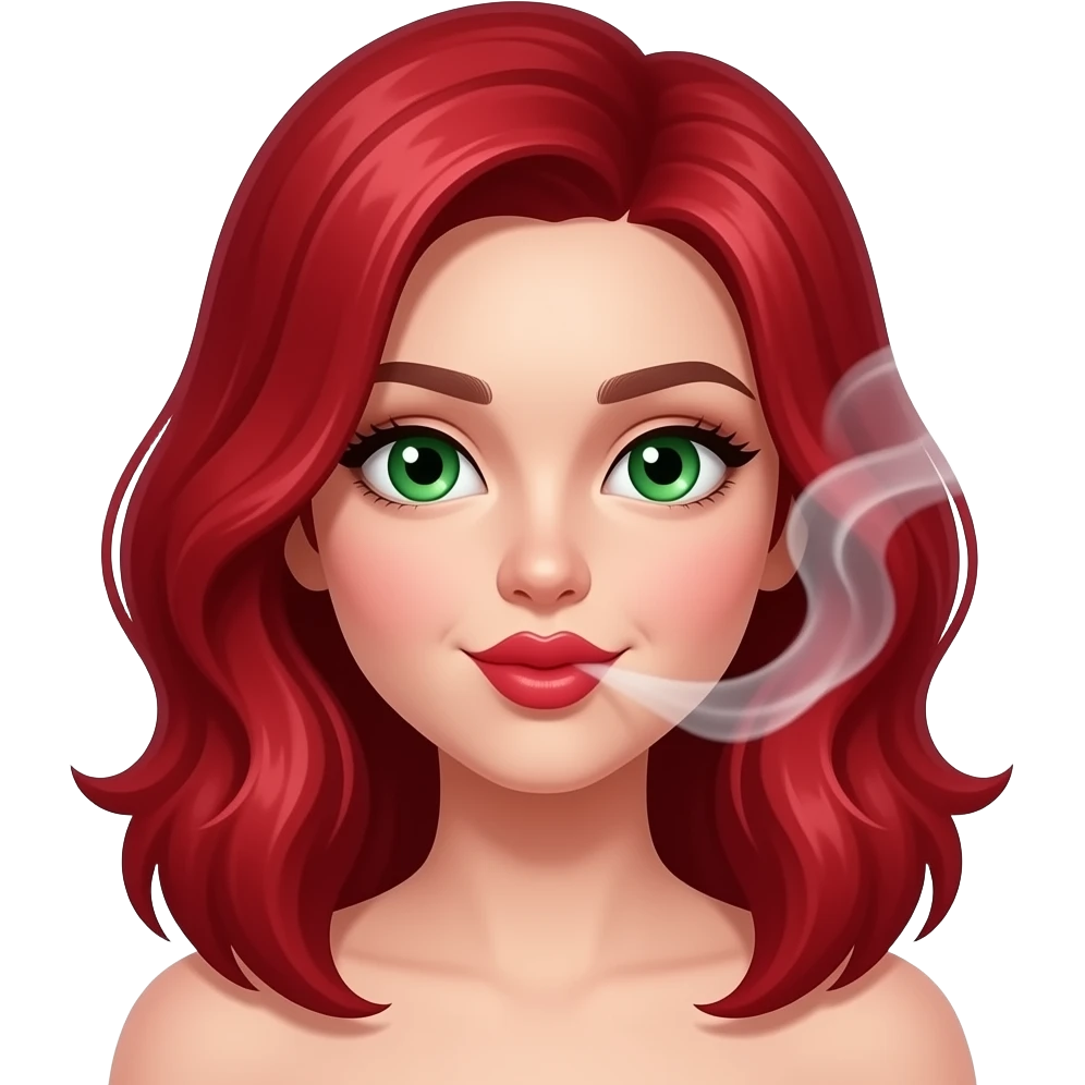 Ruby red  haired girl. With smoke. Green eyes. Smiley and flirty. No bangs. Red lips. ❤️,💋, and😘 emoji