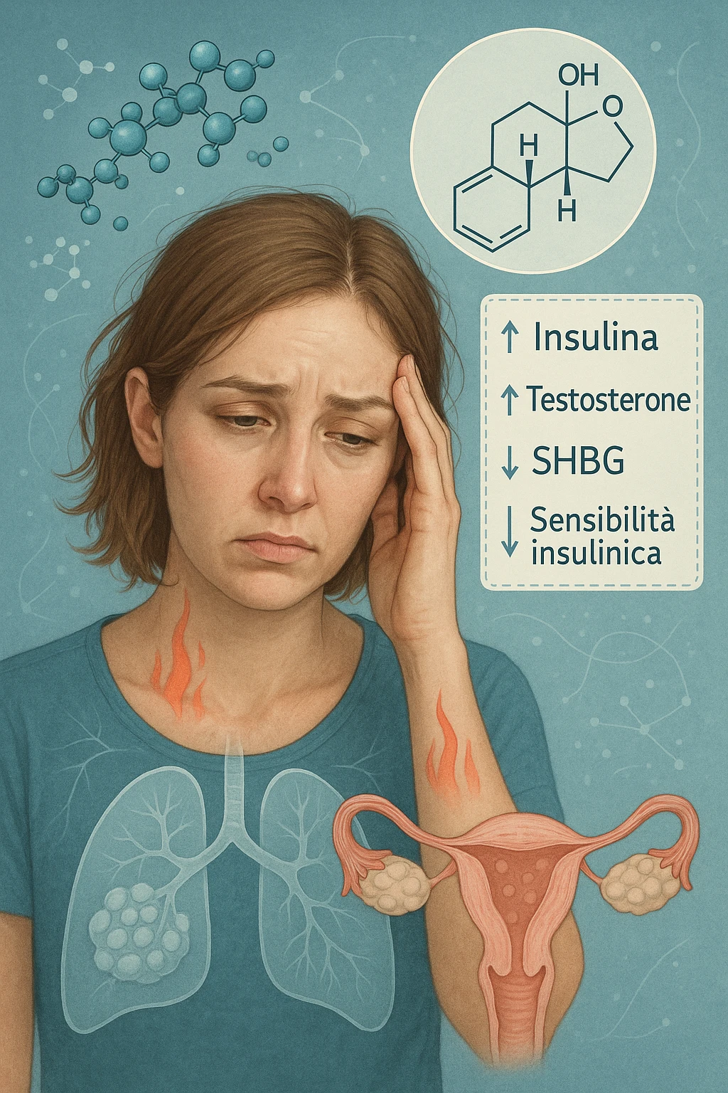 Donna tra i 25 e i 35 anni in primo piano, con espressione affaticata. Intorno al suo corpo appaiono in modo stilizzato e simbolico squilibri ormonali: molecole di insulina in eccesso fluttuano attorno, androgeni (testosterone) evidenziati sopra la testa, segnali visivi di infiammazione cronica lieve. Sopra le ovaie (visibili in trasparenza) compaiono piccole cisti multiple. Accanto a lei, un diagramma stilizzato mostra: '↑ Insulina', '↑ Testosterone', '↓ SHBG', '↓ Sensibilità insulinica'. L’atmosfera è scientifica, educativa ma empatica. Stile realistico con elementi infografici fluttuanti e colori freddi ma puliti. in italiano emoji