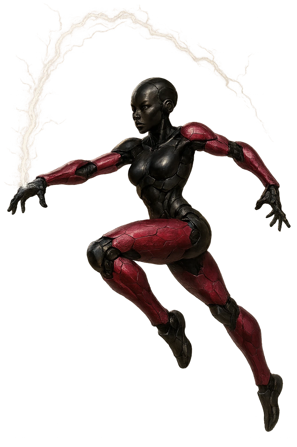 slim, powerful black female robot with small ear pieces, pink hexagonal arms and legs, leaping forward with a lightning whip, energetic, realistic dynamic pose, no border, transparent background, realistic art style emoji