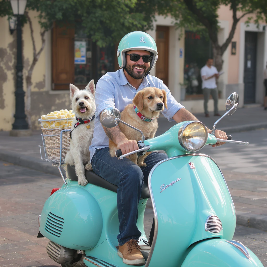 man and his pet dog riding a vespa emoji