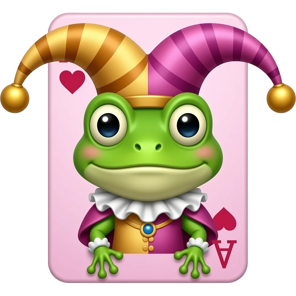 court jester frog medieval, poker card joker, pink, face only emoji