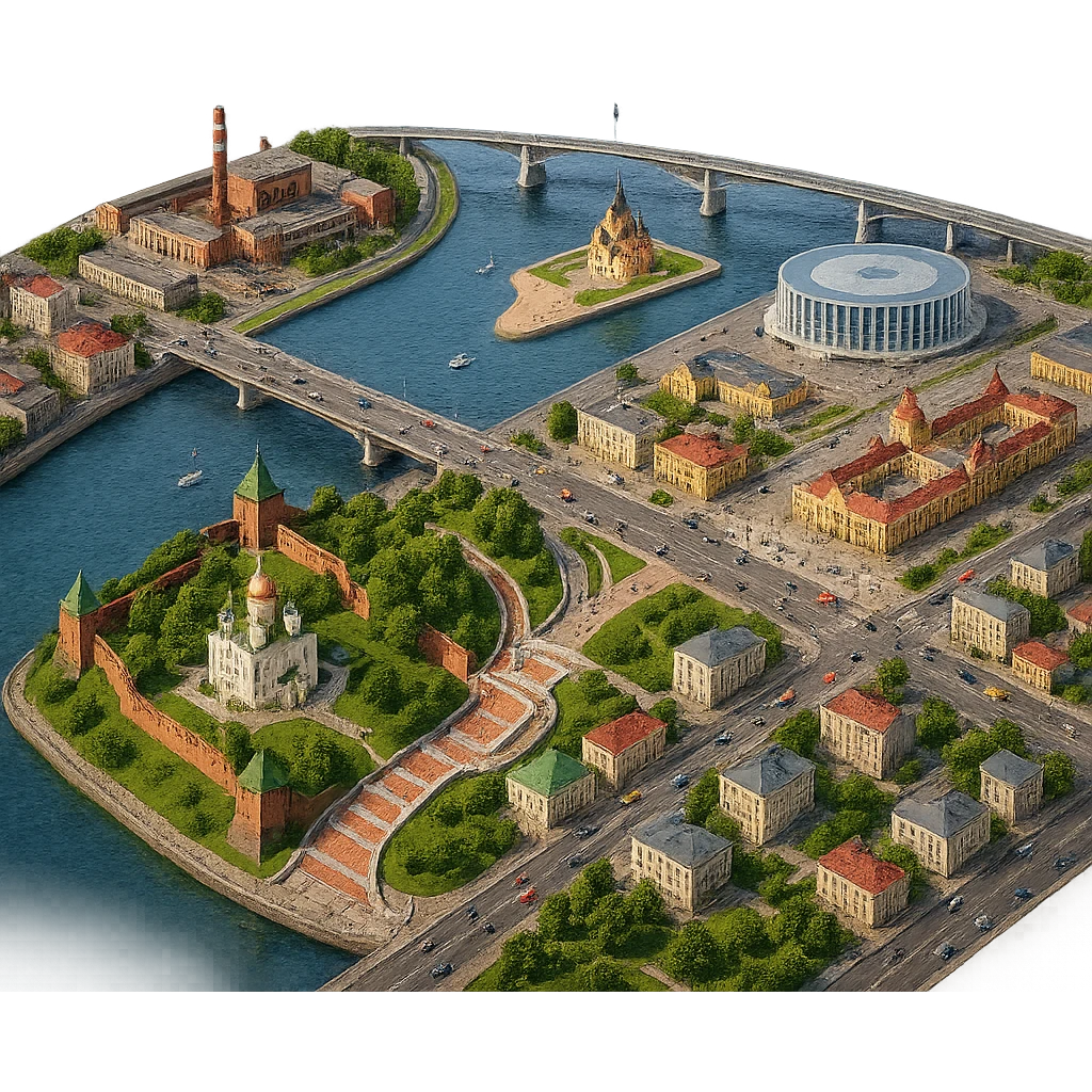Изометричная чёткая миниатюрная фотореалистичная 3D модель панорамы Нижнего Новгорода - Нижегородский Кремль, Стрелка между Окой и Волгой, стадион Нижний Новгород, ГАЗ, Чкаловская лестница, Борский Мост через Волгу, Нижегородская ярмарка, автотранспорт, четкие линии, яркие цвета, люди, компактная композиция, вид сверху в изометрии, прозрачный фон emoji