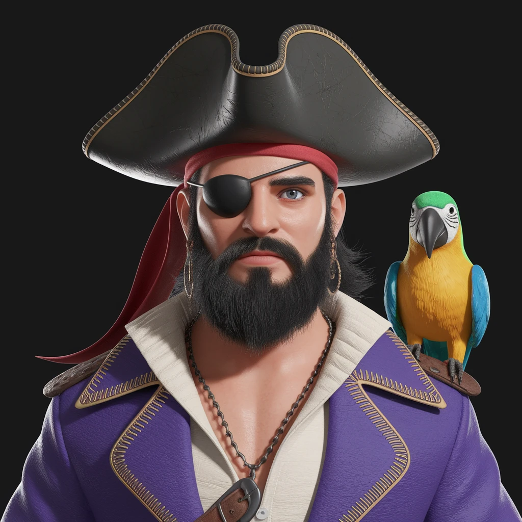 digital 2d art of pirate with eye patch and parrot emoji