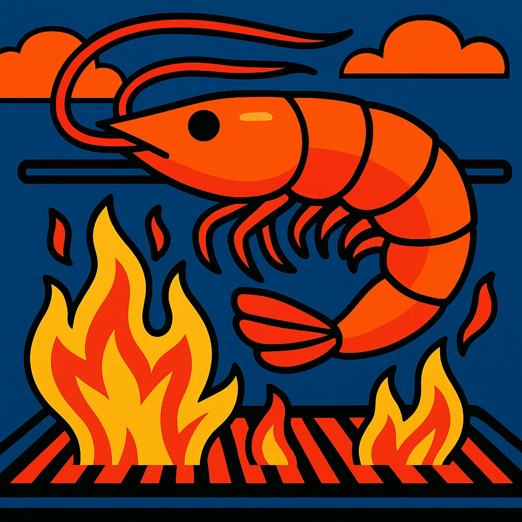 shrimp grilling over flames, playful illustration emoji