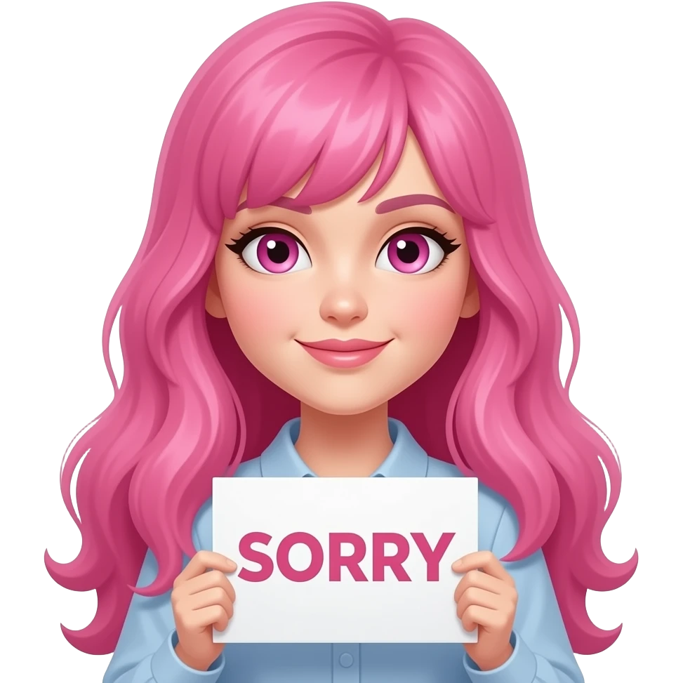 sexy girl with long pink hair and pink eyes holding SORRY sign emoji