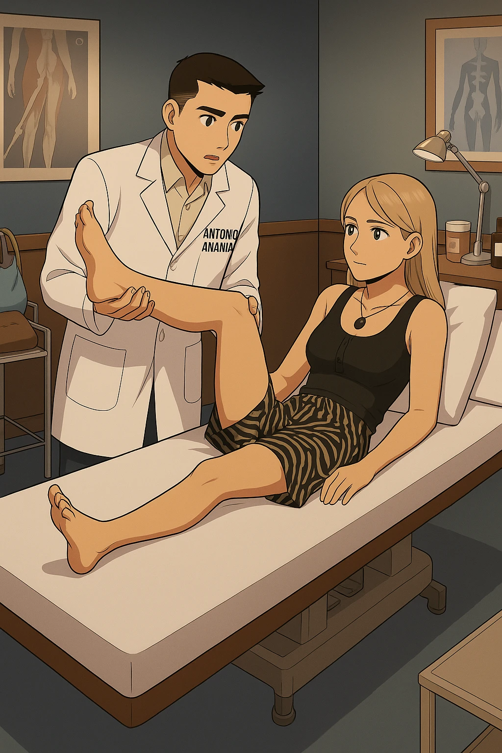 fai un webtoon/manga a colori con questo kinesiologo in camice bianco (fagli la scritta "ANTONIO ANANIA" SUL CAMICE) CHE SVOLGE UN TEST NEUROMUSCOLARE SOLLEVANDO UNA GAMBA ALLA RAGAZZA CHE è STESA SU UN LETTINO BIANCO. STANZA SEMPLICE E MODERNA, DURANTE IL TEST I DUE DIALOGANO TRA LORO. NON FARE I FUMETTI, FAI SOLO LORO COME SE DIALOGASSERO emoji