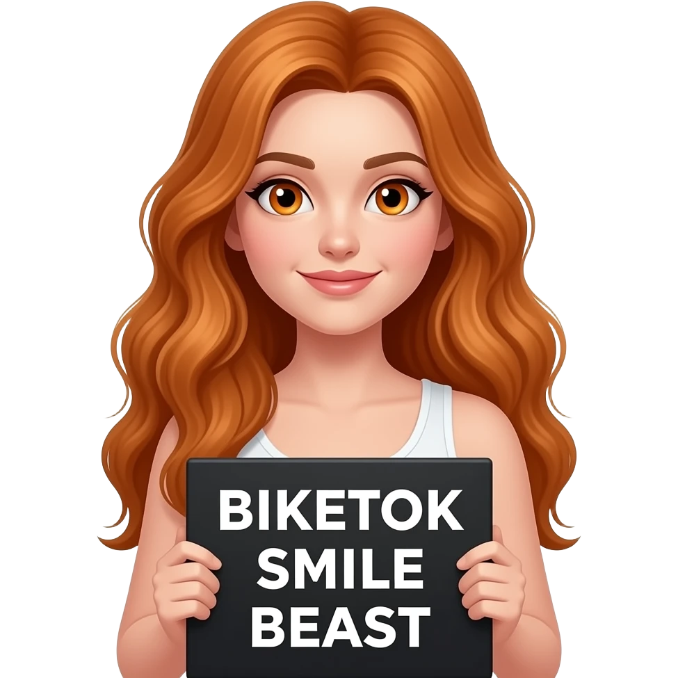 sexy girl with long wavy ginger hair and ginger eyes wearing a white tanktop is holding a black colored sign with BIKETOK SMILE BEAST written on it emoji