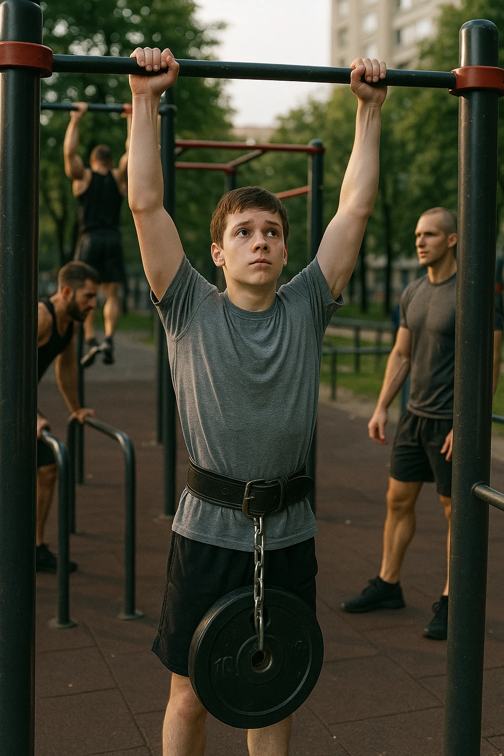 Giovane atleta neofita, fisico normale e non ancora sviluppato, si allena per la prima volta in uno spazio urbano per streetlifting: sbarra per trazioni, parallele, e pesi appesi alla cintura. L’ambiente è un parco cittadino o un’area outdoor sportiva, con luce naturale. L’atleta guarda la sbarra con determinazione e un po’ di insicurezza, ma con forte motivazione. Intorno, altri atleti più esperti. Stile realistico, atmosfera motivazionale, toni energici ma credibili, senso di inizio di un percorso emoji