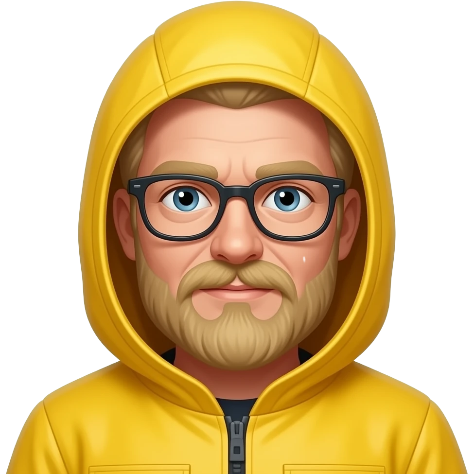 white man blonde mustache hair glasses yellow hazmat suit with hood on emoji