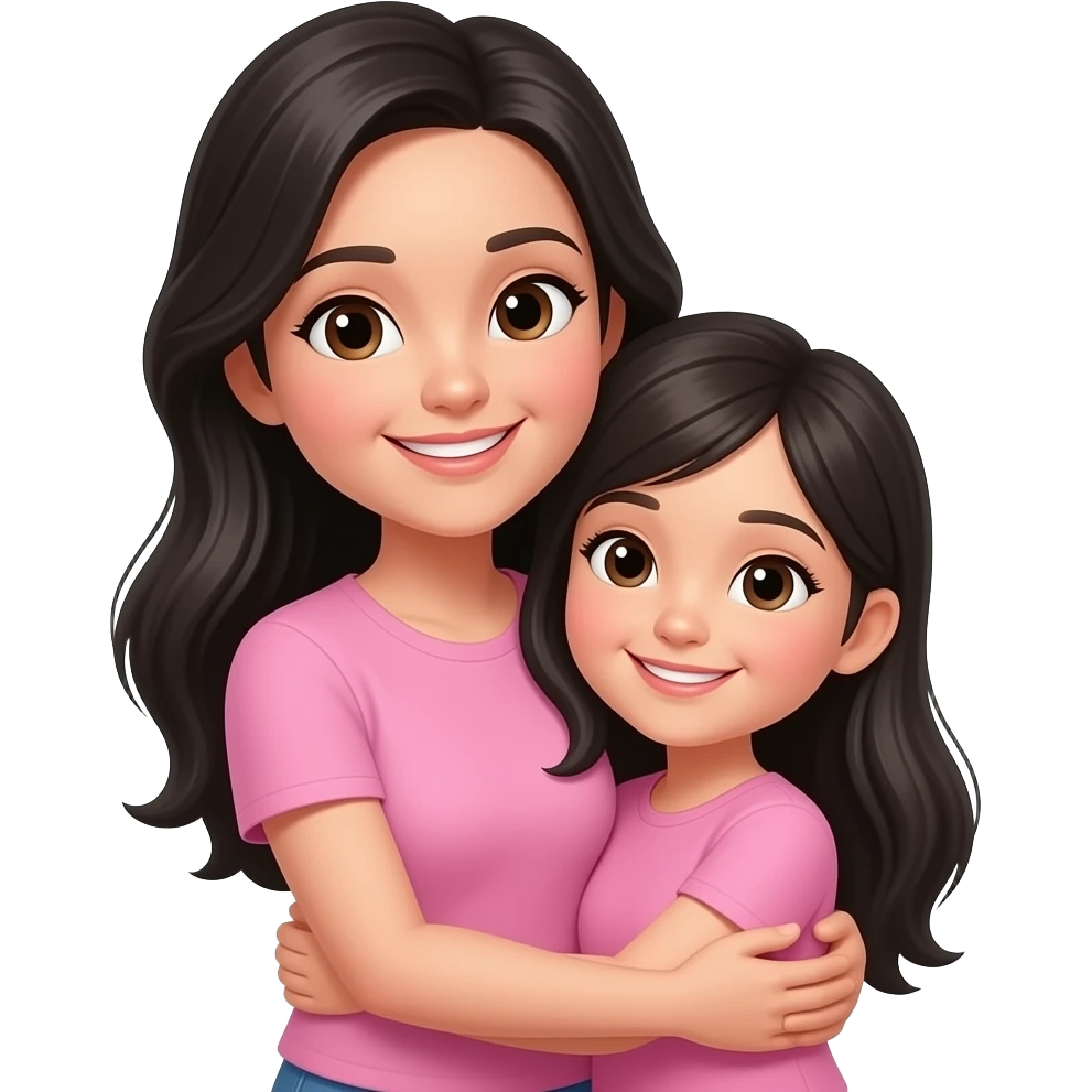 Mother and daughter facing front long black hair smiling hugging wearing pink emoji