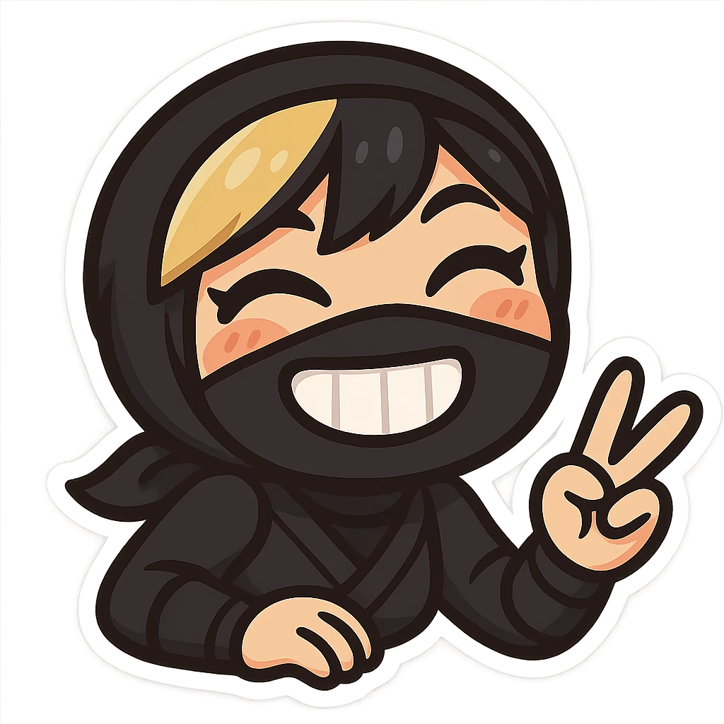 Make the expression even more weird-cute in colorful chibi style: sexy chibi ninja girl with black short hair and a blonde streak, only head and arms, making a peace sign, bold outlines, transparent background, no mask, eyes closed with a big toothy grin, sized for Twitch emoji use. emoji
