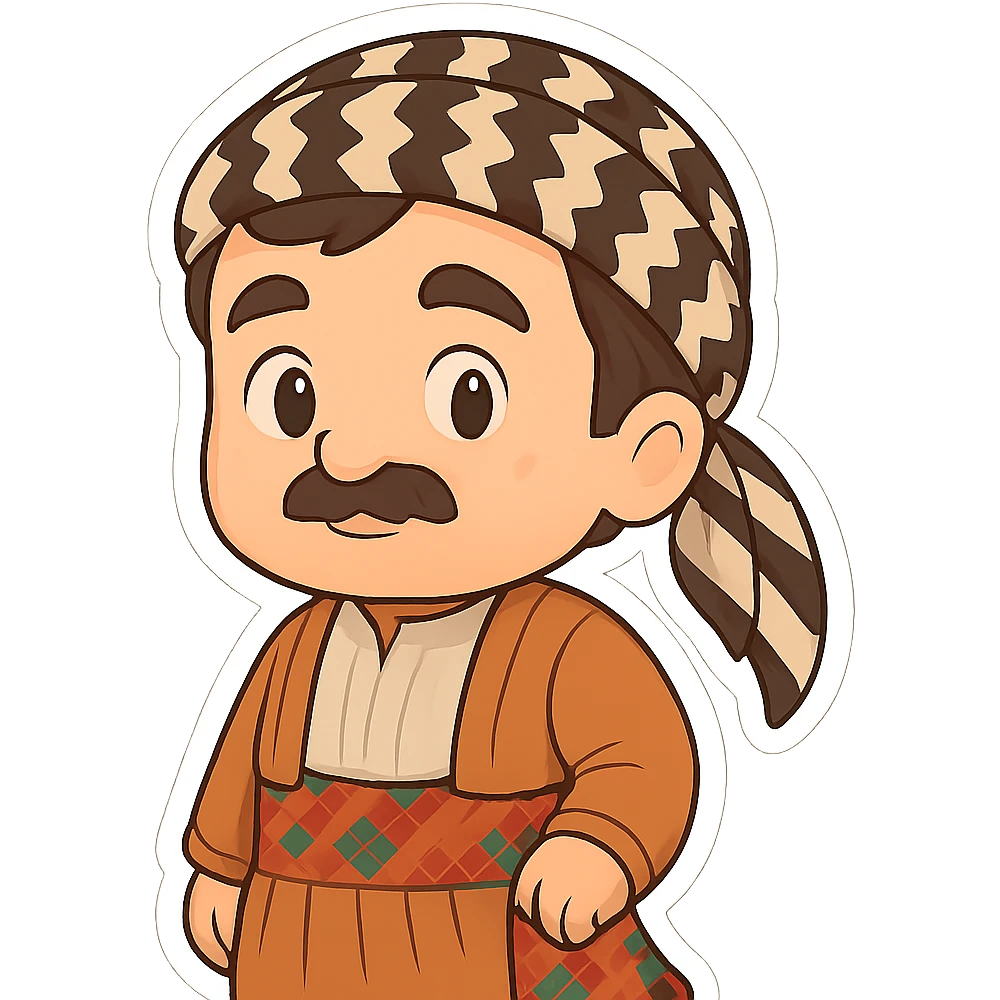 Create a chibi Kurdish cartoon sticker based on the reference image, showing a neutral (calm) expression, with a transparent background. emoji